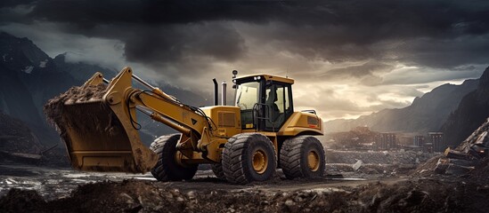 Construction site with bulldozer with copyspace for text - obrazy, fototapety, plakaty