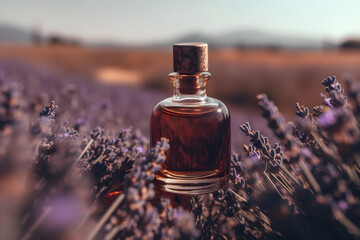 Lavender essential oil in a small bottle with lavender field background. Selective focus, nature,...