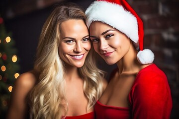 Portrait de deux jeunes femmes déguisées avec un bonnet de Noël.