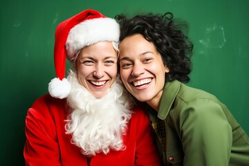Deux jeunes femmes amies ou lesbiennes déguisées en Père Noël.