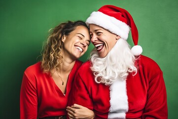 Deux femmes lesbiennes s'enlaçant ou deux amies déguisées en Père Noël.