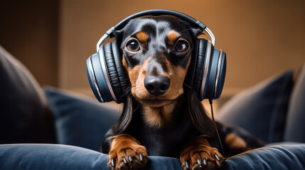 Cute dachshund dog resting with headphones on - obrazy, fototapety, plakaty