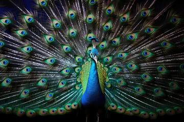 Fototapeta premium Peacock with with fully fanned aquamarine tail. Generative AI