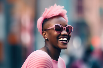 Young black woman with a big smile, wearing pink hair, pink sunglasses, and a pink jersey, embodies a joyful and optimistic urban style.