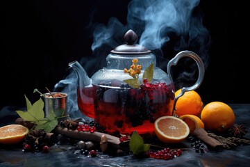 Fruit tea with berries in glass teapot. Generative AI