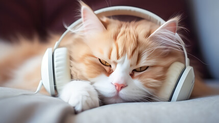 Cute red fluffy cat with headphones on listening to music wtih closed eyes - obrazy, fototapety, plakaty