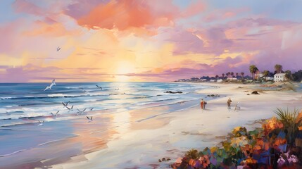 Panoramic seascape with seagulls at sunset