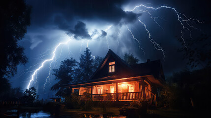 Lightning striks the house at night
