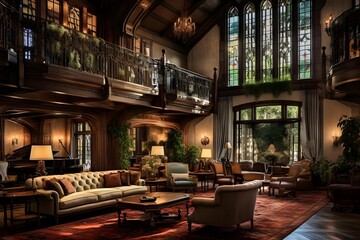 Interior of a luxury hotel lobby. Panorama. 3d rendering