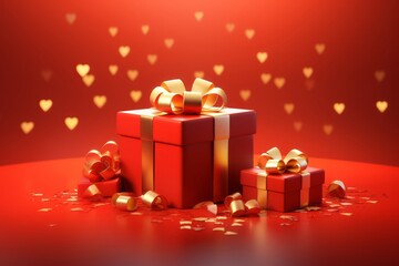 A Red Gift Box with Presents, Set Against a Festive Red Background, Generative AI