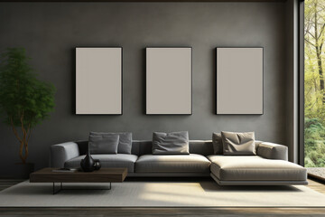 Part of interior mockup, sofa near wall, empty picture frames, light and shadow from window