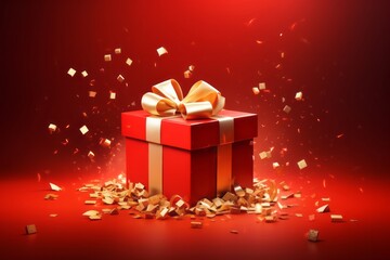 A Red Gift Box with Presents, Set Against a Festive Red Background, Generative AI