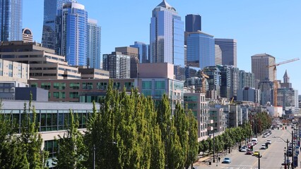 Obraz premium Panoramic view of Seattle Financial center, downtown, Bell Harbor Marina and Seattle harbor.