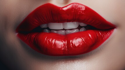 closeup of woman's lips with classical red lipstick makeup