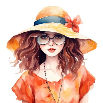 watercolor portrait of a young pretty woman in a straw hat and glasses
