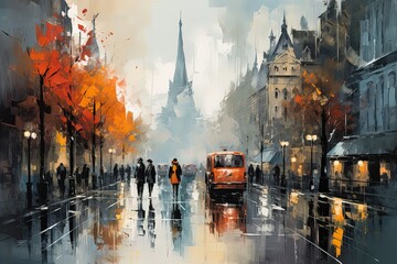 oil painting style illustration of a city street on a rainy autumn evening - obrazy, fototapety, plakaty