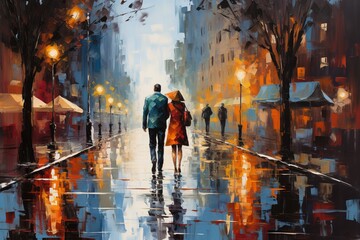 oil painting style illustration of a couple walking along a city street on a rainy autumn evening - obrazy, fototapety, plakaty