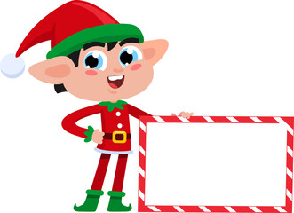 Cute Christmas Elf Cartoon Character Holding A Blank Sign. Vector Illustration Flat Design Isolated On Transparent Background