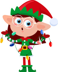 Obraz na płótnie Canvas Cute Christmas Elf Girl Cartoon Character With Christmas Lights. Vector Illustration Flat Design Isolated On Transparent Background