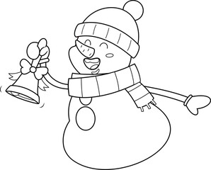 Outlined Happy Snowman Cartoon Character Ringing A Bell. Vector Illustration Flat Design Isolated On Transparent Background