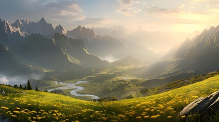 Panorama of alpine meadow with dandelions at sunset