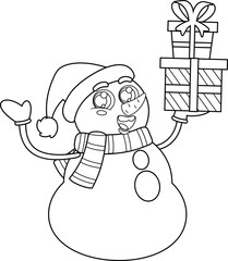 Outlined Cute Snowman Cartoon Character Holding Up A Gift Boxes Vector Illustration Flat Design Isolated On Transparent Background
