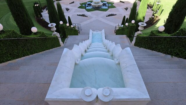 Bahai Garden in Haifa, Israel overlooking German Colony and Haifa port. Staircases to Bahai Shrine representing Bahai transformation religion.
