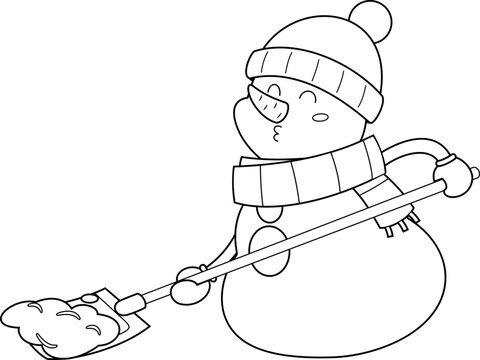 snowman shoveling snow, black and white clip art preview