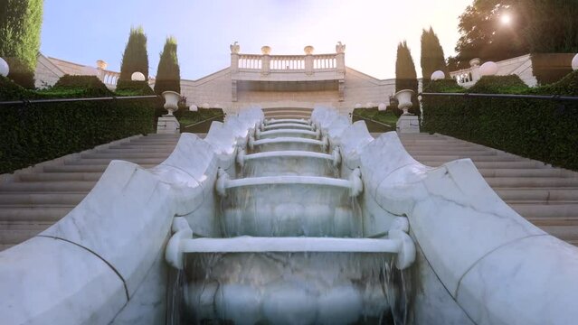 Bahai Garden in Haifa, Israel overlooking German Colony and Haifa port. Staircases to Bahai Shrine representing Bahai transformation religion.