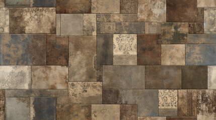 Aged mosaic tiles with an ornate pattern grace an old and weathered concrete wall. Seamless.
