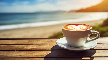 Keuken foto achterwand Strand zonsondergang Cup of cappuccino coffee on table with tropical summer sea beach background, Seashore with beautiful view on ocean, AI Generated
