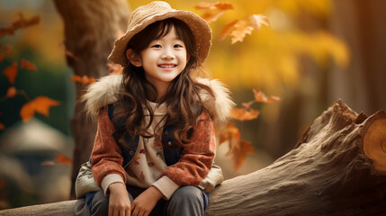 秋の森林で倒れた木に座って一休みする日本人の女の子 - obrazy, fototapety, plakaty