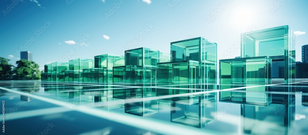 Wall mural Modern glass buildings and green set against a clear sky shot from a low angle with copyspace for text