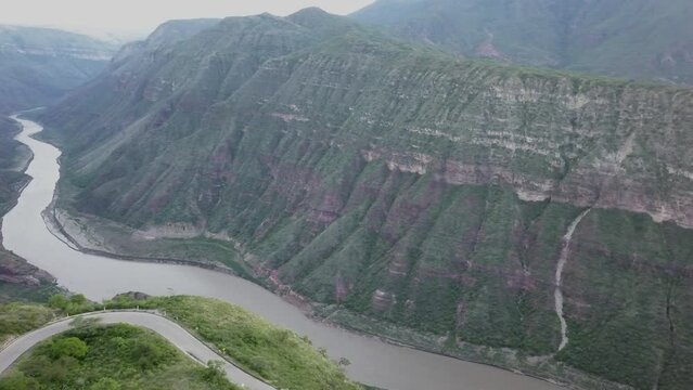 beautiful landscape with deep valleys and flowing rivers at the chicamocha canyon in the andes mountains of Colombia.