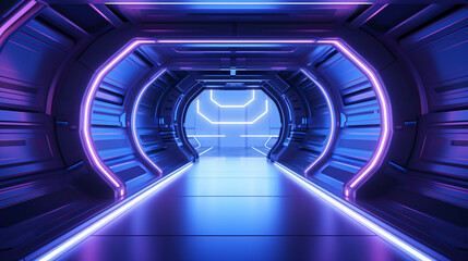 A 3D rendering reveals a spaceship's neon-lit interior against a sleek space station corridor..