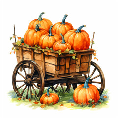 Wooden cart filled with pumpkins watercolor paint
