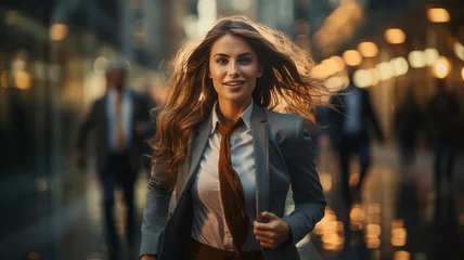 Crédence de cuisine en verre imprimé Chemin de fer Blurred motion of Energetic business woman is running with carrying a briefcase to a business meeting. Competition concept.generative ai