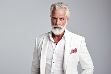 A serious and thoughtful senior Caucasian businessman with a grey beard and hair, dressed in a formal suit, stands confidently in a studio portrait