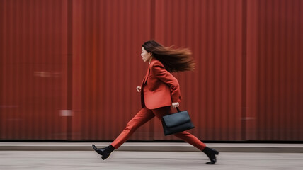 Blurred motion of Energetic business woman is running with carrying a briefcase to a business meeting. Competition concept.generative ai