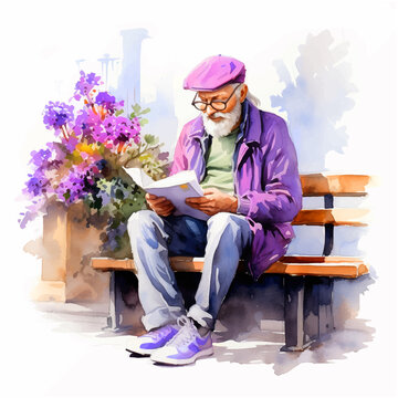 Old man reading a newspaper sitting on a bench watercolor paint 