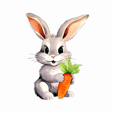 Cute bunny holding carrot watercolor paint