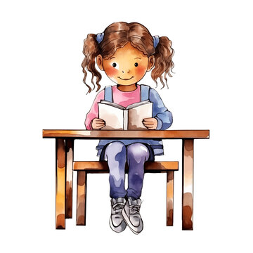 Cute little girl reading book watercolor paint