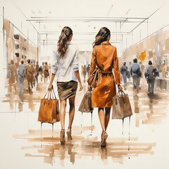 2 Freundinnen frauen gehen in einem Einkaufszentrum spazieren shoppen shopping - obrazy, fototapety, plakaty
