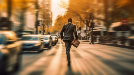 Blurred motion of Energetic business man is running with carrying a briefcase to a business meeting. Competition concept.generative ai