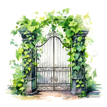Metal garden gate surrounded by flowers watercolor paint