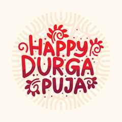Colorful typography illustration for Indian annual festival Durga Puja. Vector Hand drawn lettering template, poster, banner, greeting card with decorative mandala. Puja celebration typography 