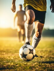men player playing soccer, football, fight dribbling, soccer boots. Soccer ball on a green large football field during training and in a championship match - obrazy, fototapety, plakaty