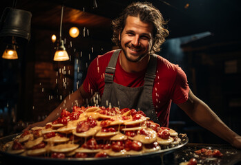Chef preparing a delicious meal in a busy kitchen. A man in a red shirt and apron standing next to a large pan of food