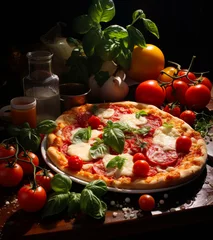 Foto op Aluminium Delicious pizza with fresh tomatoes on a table. A pizza sitting on top of a table next to tomatoes © Vadim
