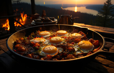 A pan filled with eggs on top of a wooden table